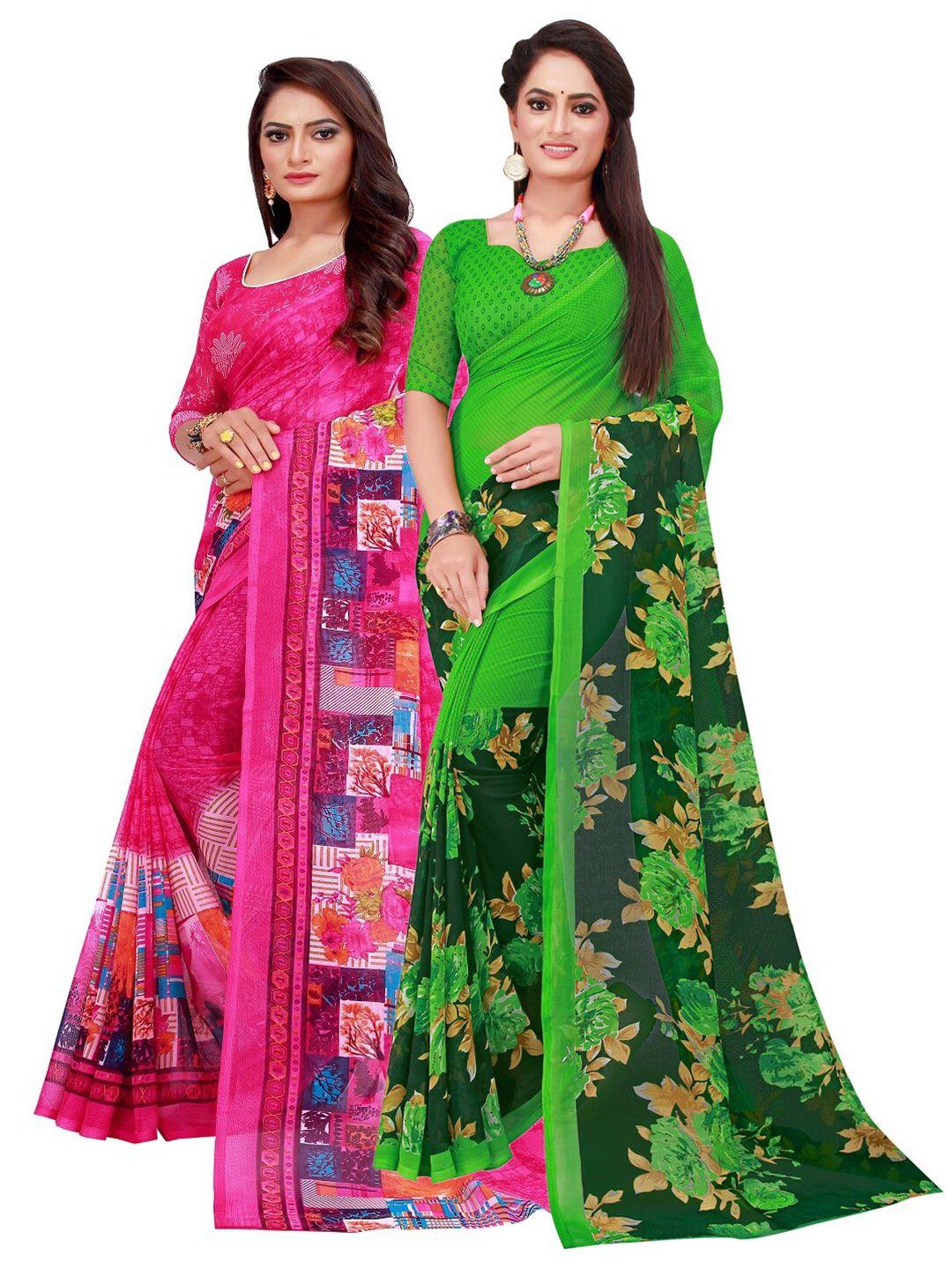 florence-pack-of-2-green-&-pink-floral-pure-georgette-saree