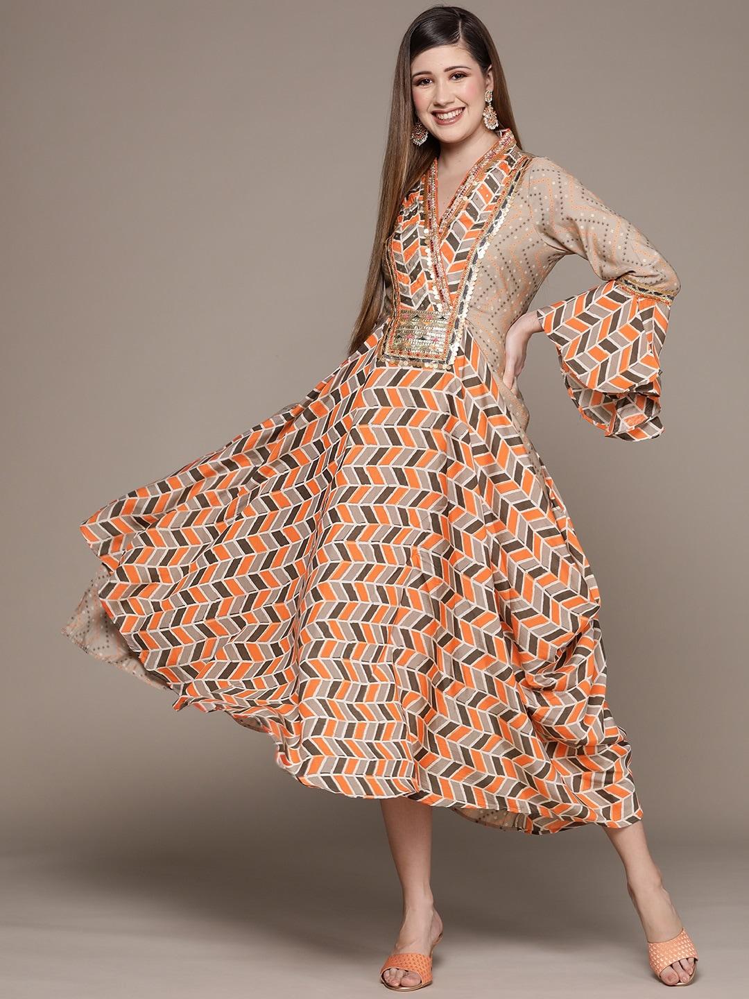 Ishin Women Taupe & Orange Geometric Printed Embellished Ethnic A-Line Midi Dress