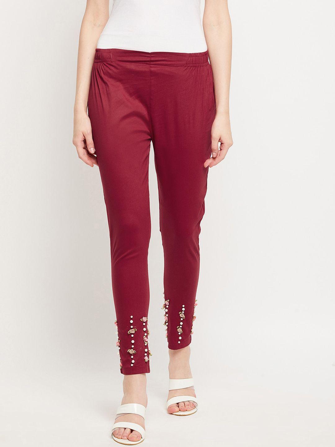 clora-creation-women-maroon-floral-embellished-smart-slim-fit-easy-wash-trousers