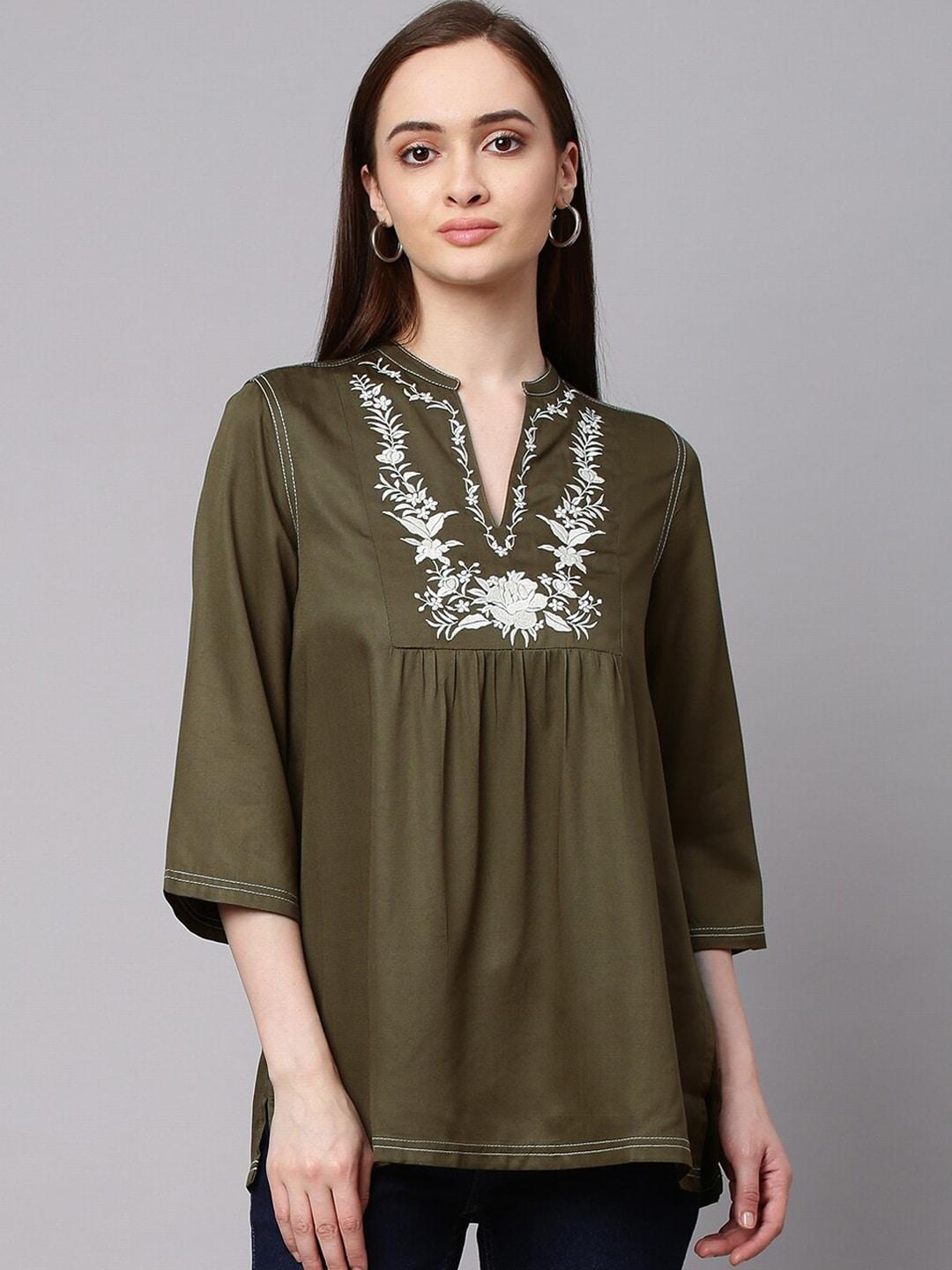 Modern Indian by CHEMISTRY Women Olive Green Tunic With Floral Embroidery