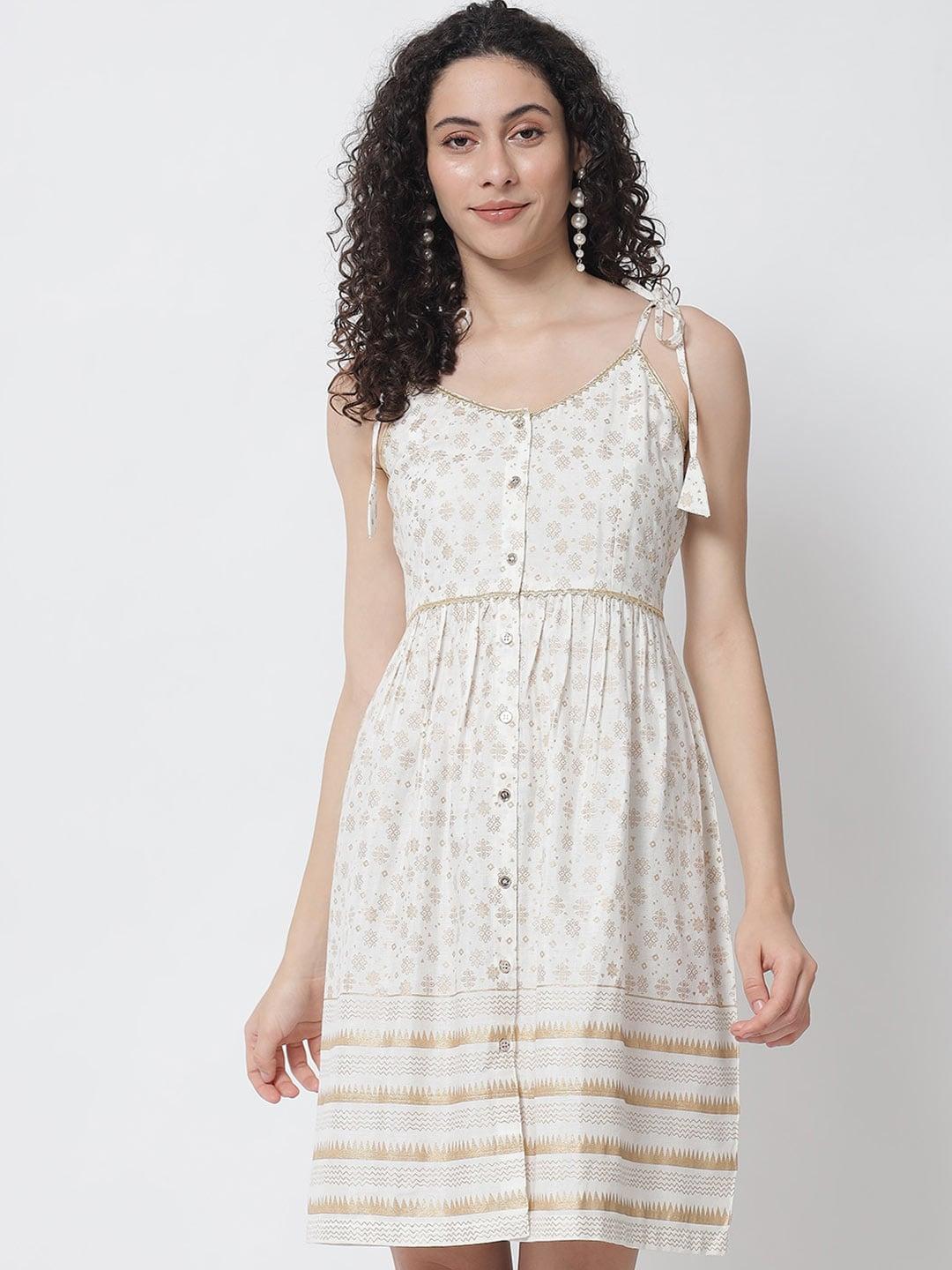 Tulsattva Off White & Gold Printed Dress