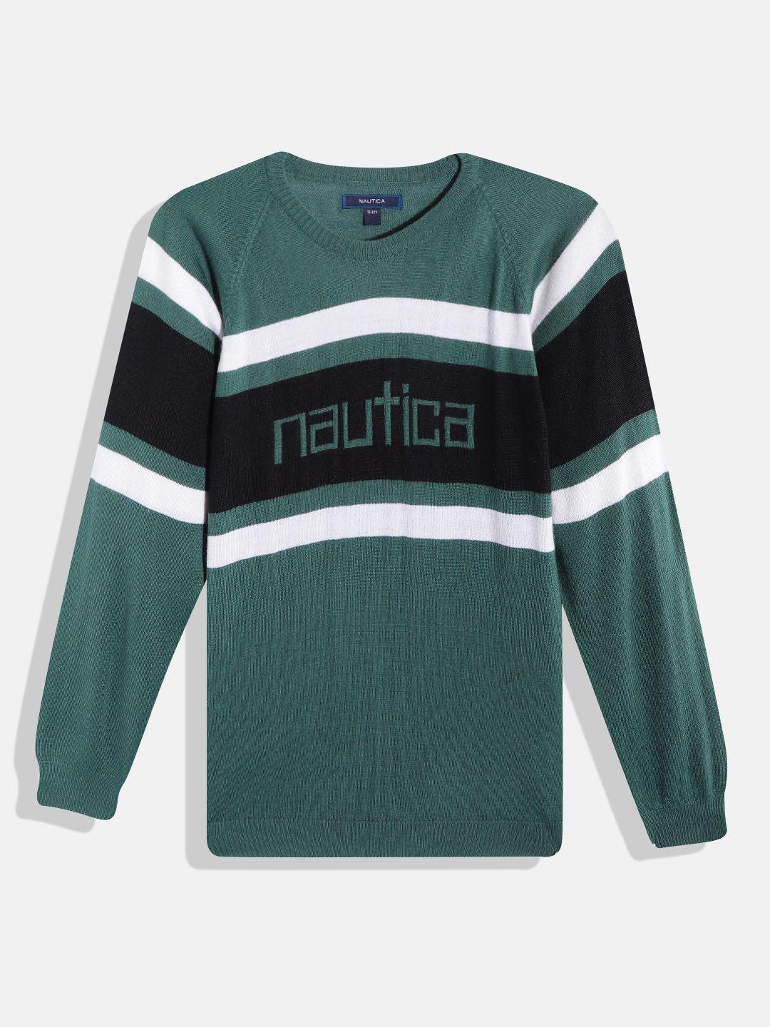 nautica-boys-green-&-black-striped-round-neck-pullover