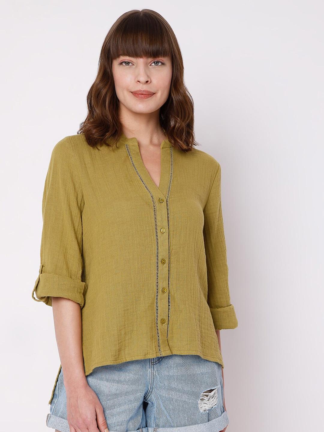 Vero Moda Women Olive Green Solid Cotton Casual Shirt