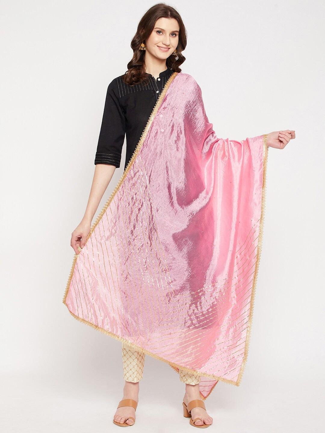 Clora Creation Pink & Gold-Toned Embroidered Dupatta with Gotta Patti