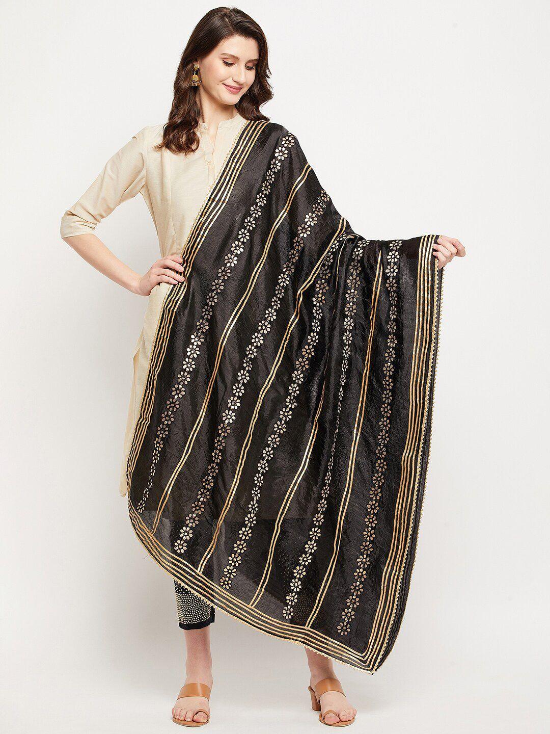 clora-creation-black-&-gold-toned-embroidered-gotta-patti-silk-dupatta