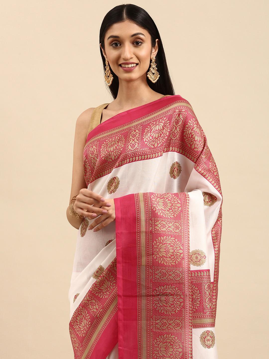 Anouk White & Pink Ethnic Motifs Art Silk Banarasi Saree