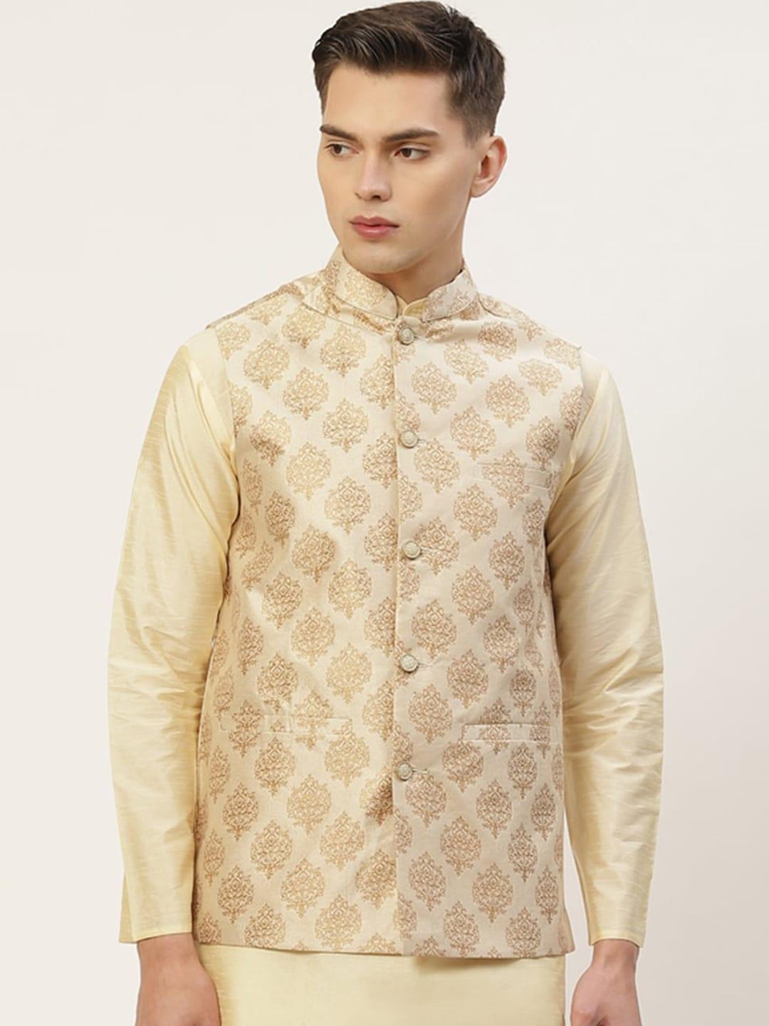 Jompers Men Cream Woven Design Ethnic Nehru Jackets