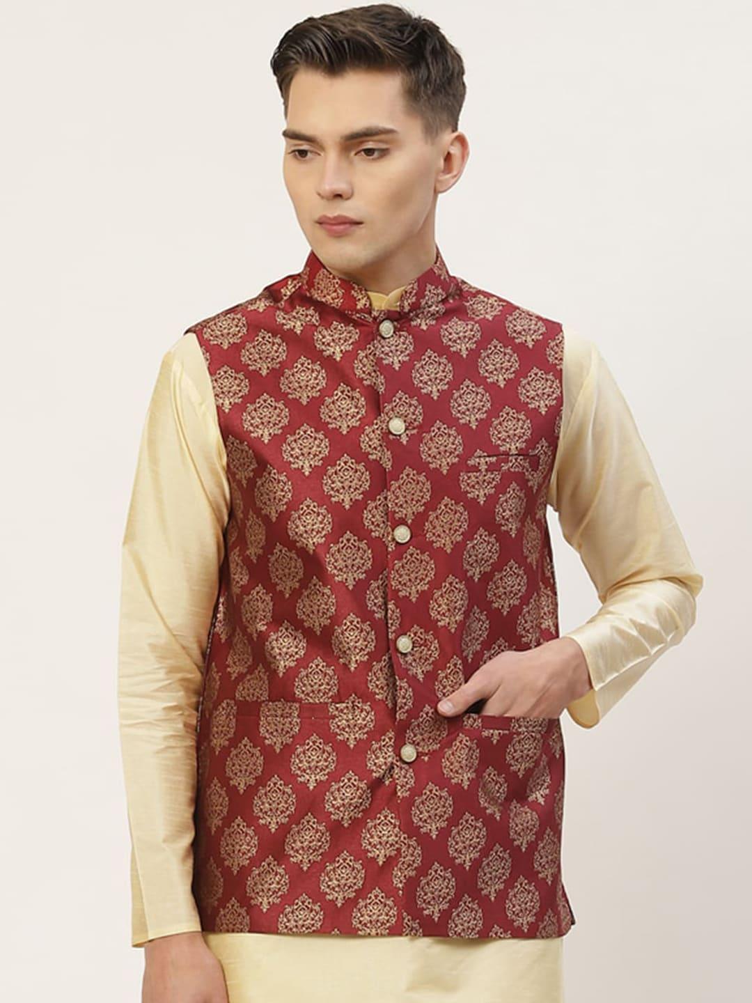 Jompers Men Maroon Woven Design  Nehru Jacket
