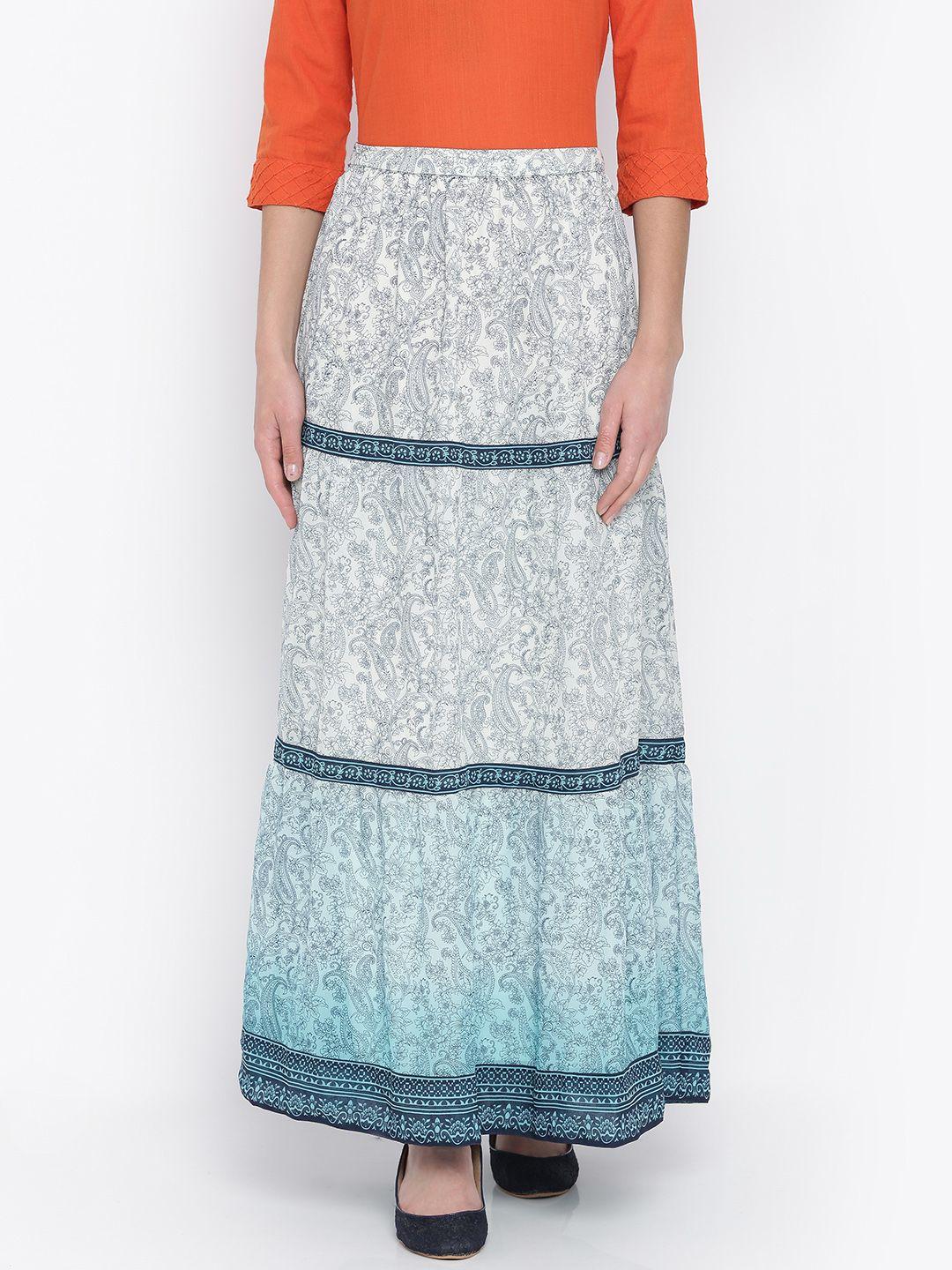 Fusion Beats Women Off-White & Navy Printed Flared Maxi Skirt