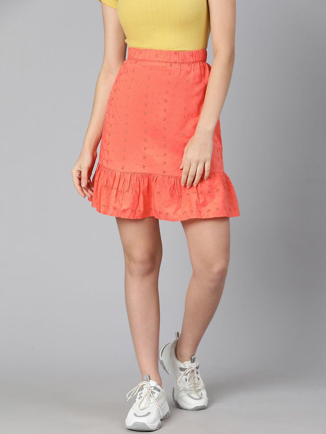 Oxolloxo Women Orange Embroidered Flared Mini Skirt