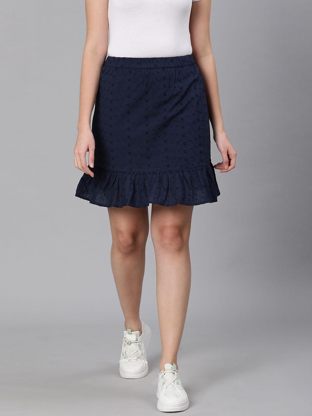 Oxolloxo Women Navy Blue Schiffy Flared Skirt