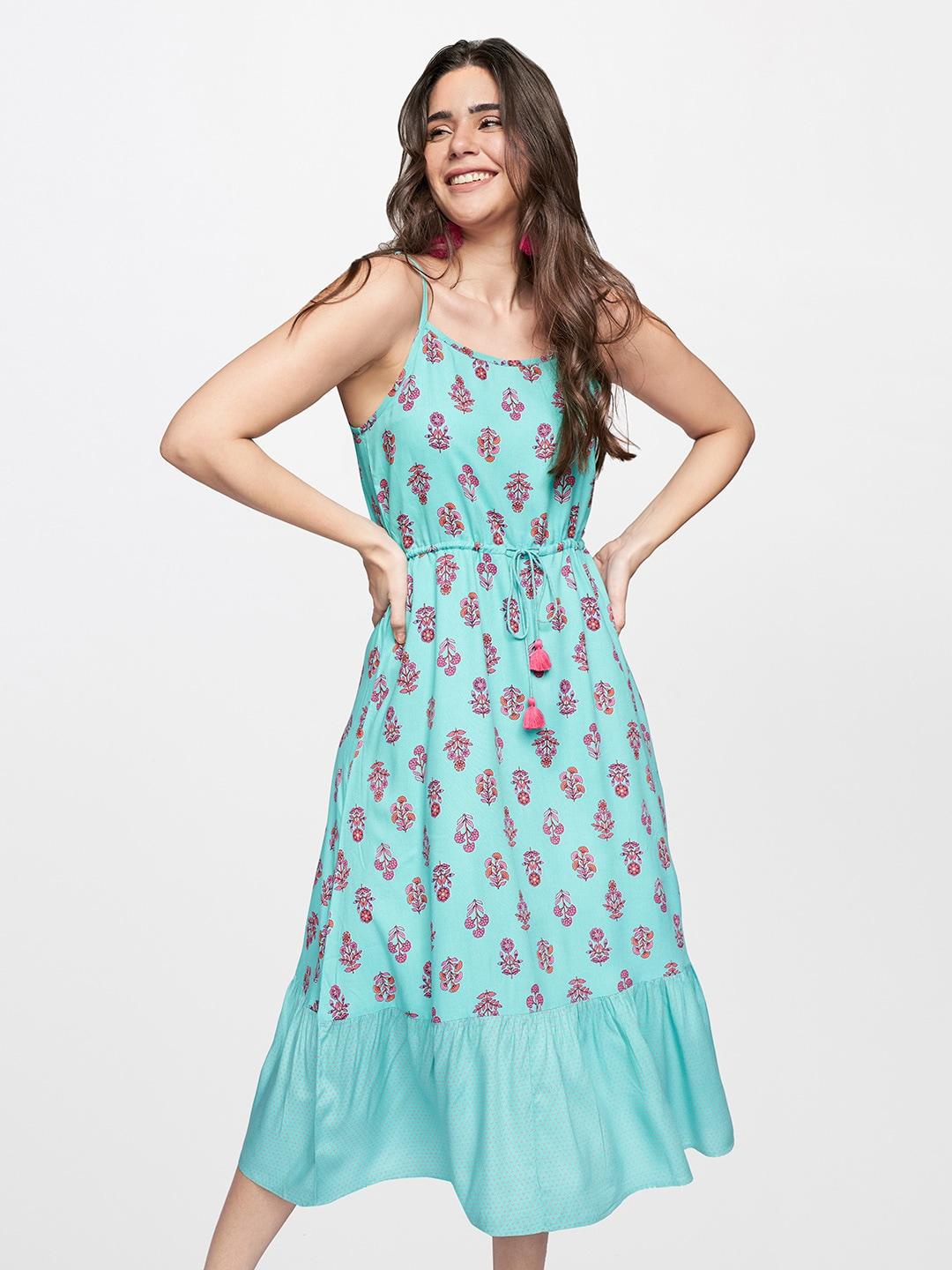 itse Turquoise Blue & Pink Floral Midi Dress