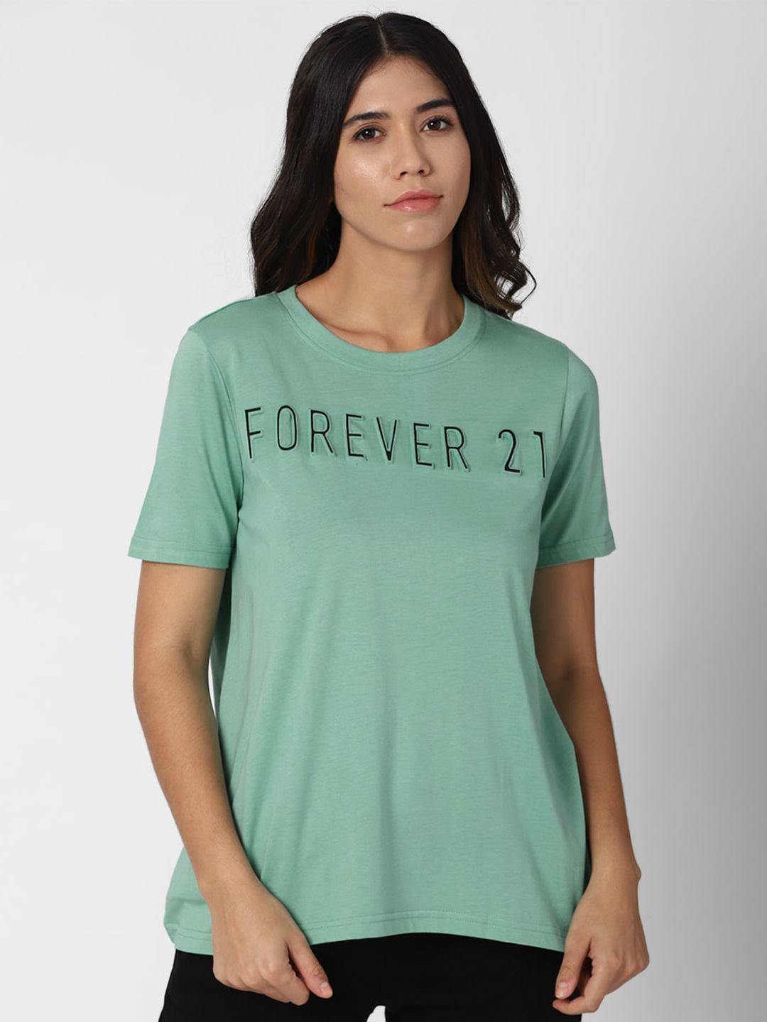 FOREVER 21 Women Blue Brand Logo Print Cotton T-shirt