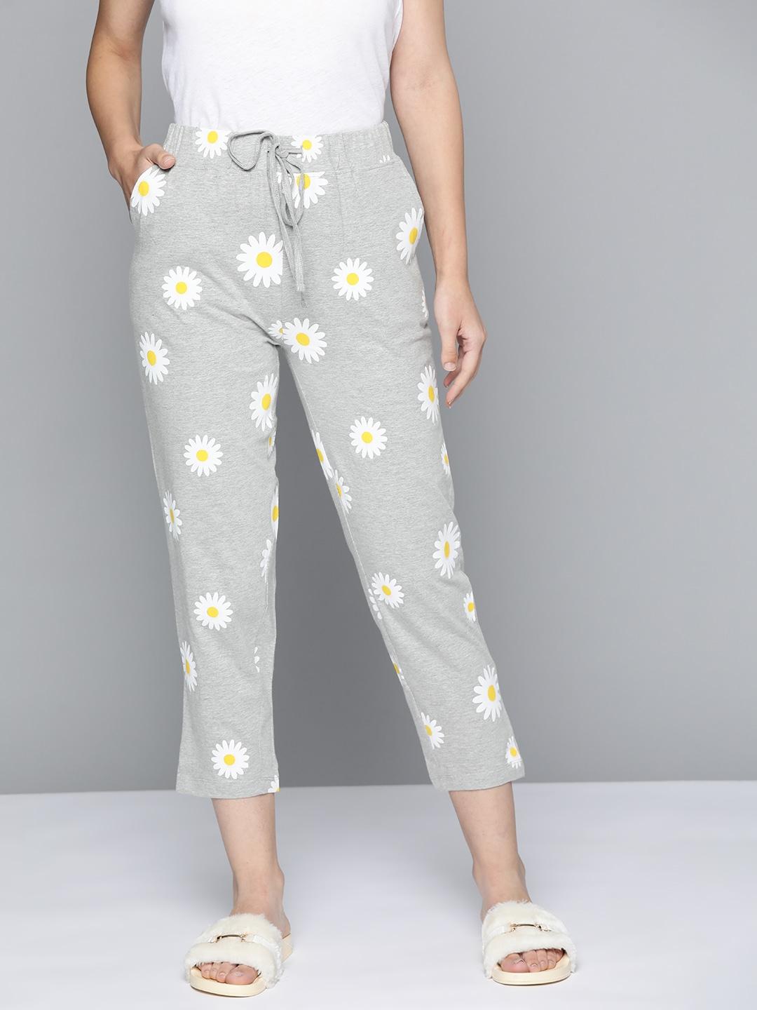 HERE&NOW Women Grey Melange & Yellow Floral Print Lounge Pants