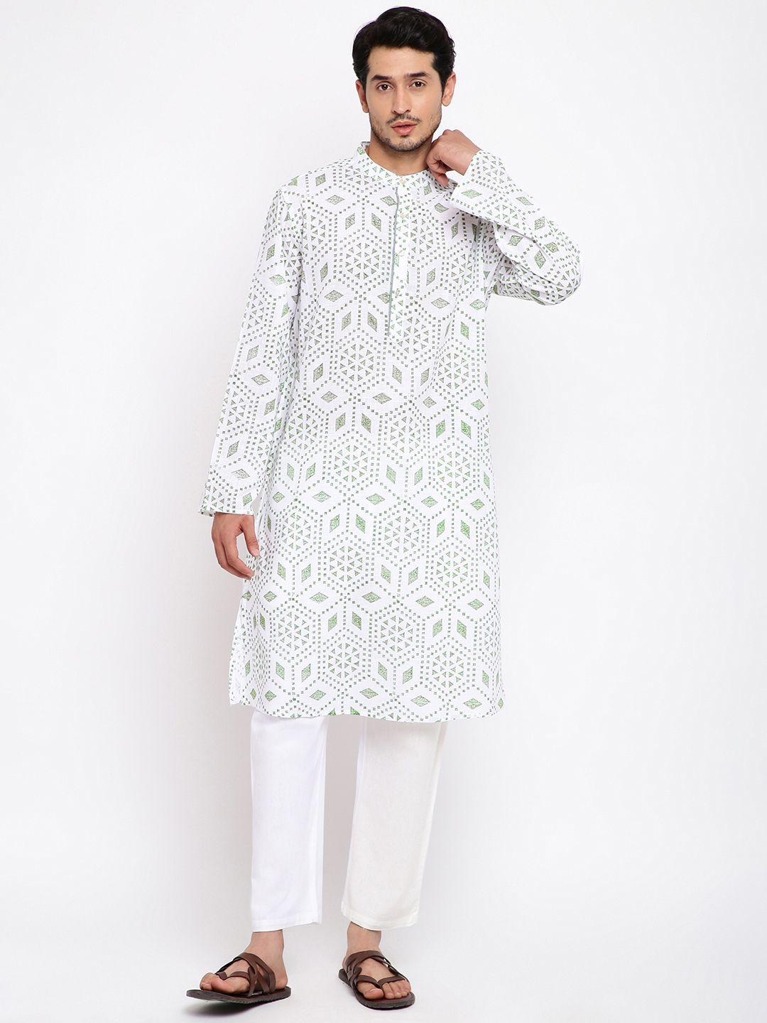 fabindia-men-white-&-green-pure-cotton-handblock-print-kurta