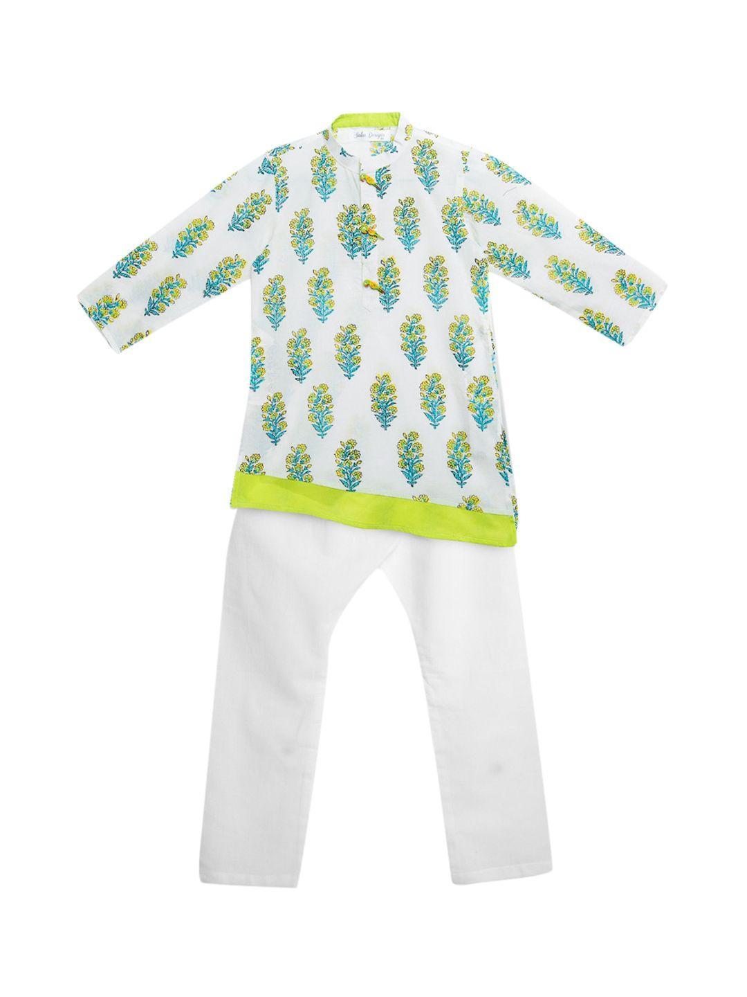 SAKA DESIGNS Boys White & Lime Green Ethnic Motifs Printed Pure Cotton Kurta with Pyjamas
