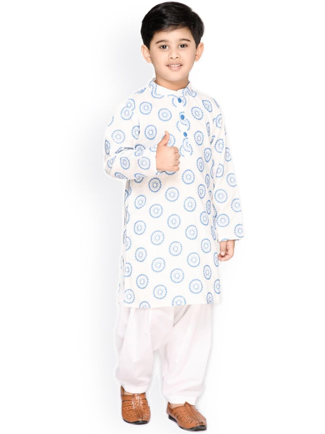 saka-designs-boys-white-&-blue-ethnic-motifs-printed-pure-cotton-kurta-with-salwar