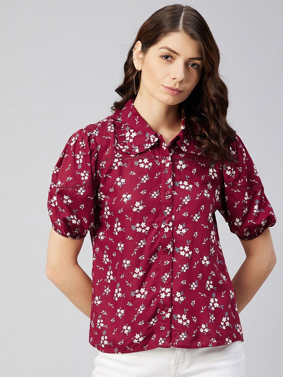 rare-women-maroon-&-white-floral-printed-puff-sleeves-casual-shirt