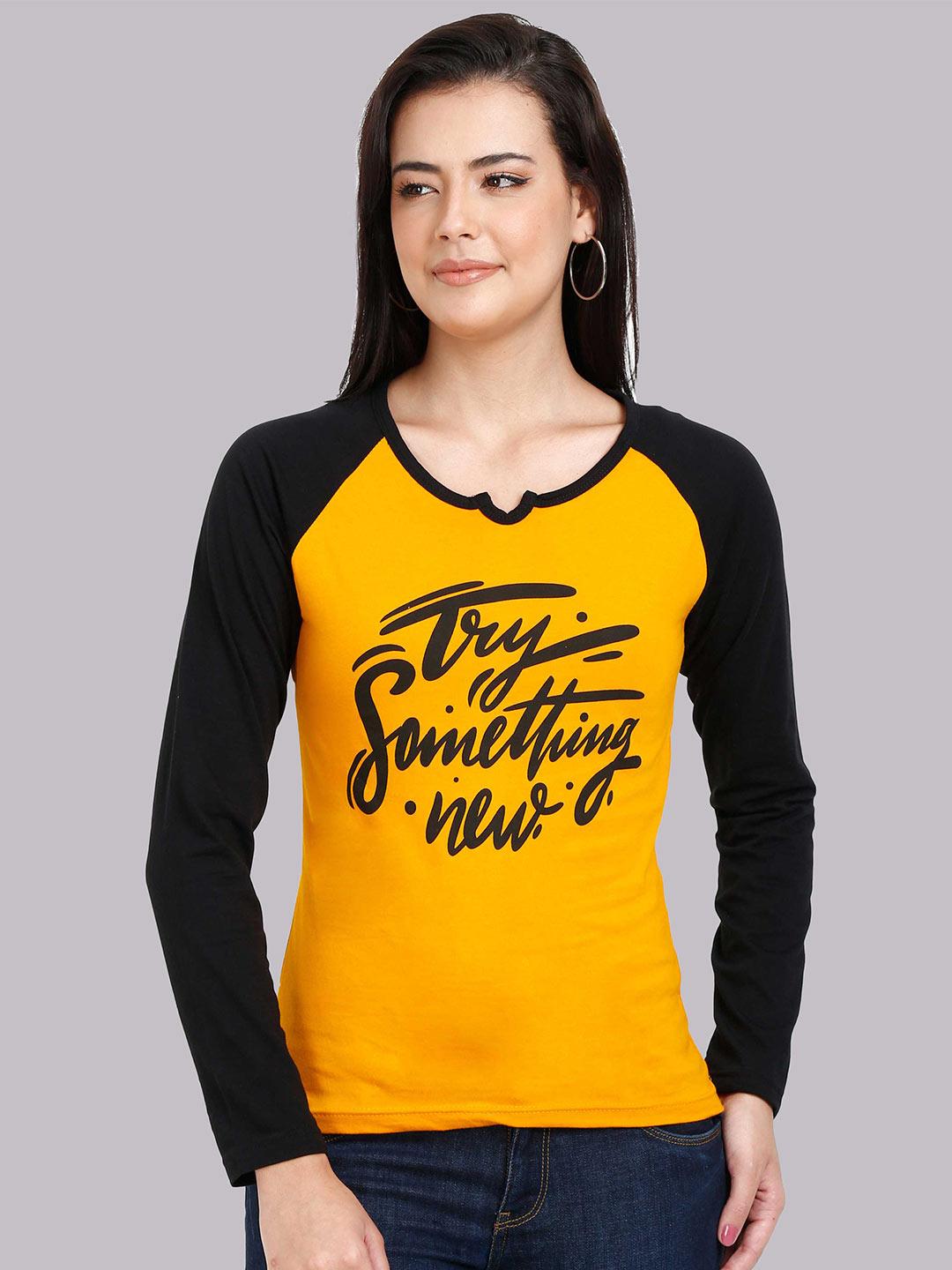 Fleximaa Women Yellow & Black Typography Colourblocked T-shirt