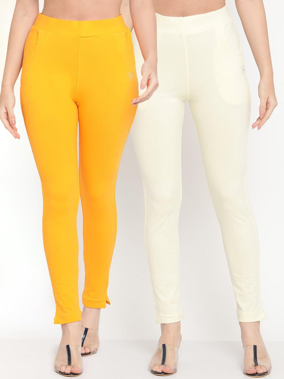 TAG 7 Women White & Yellow Set of 2 Solid Ankle Length Cotton Leggings