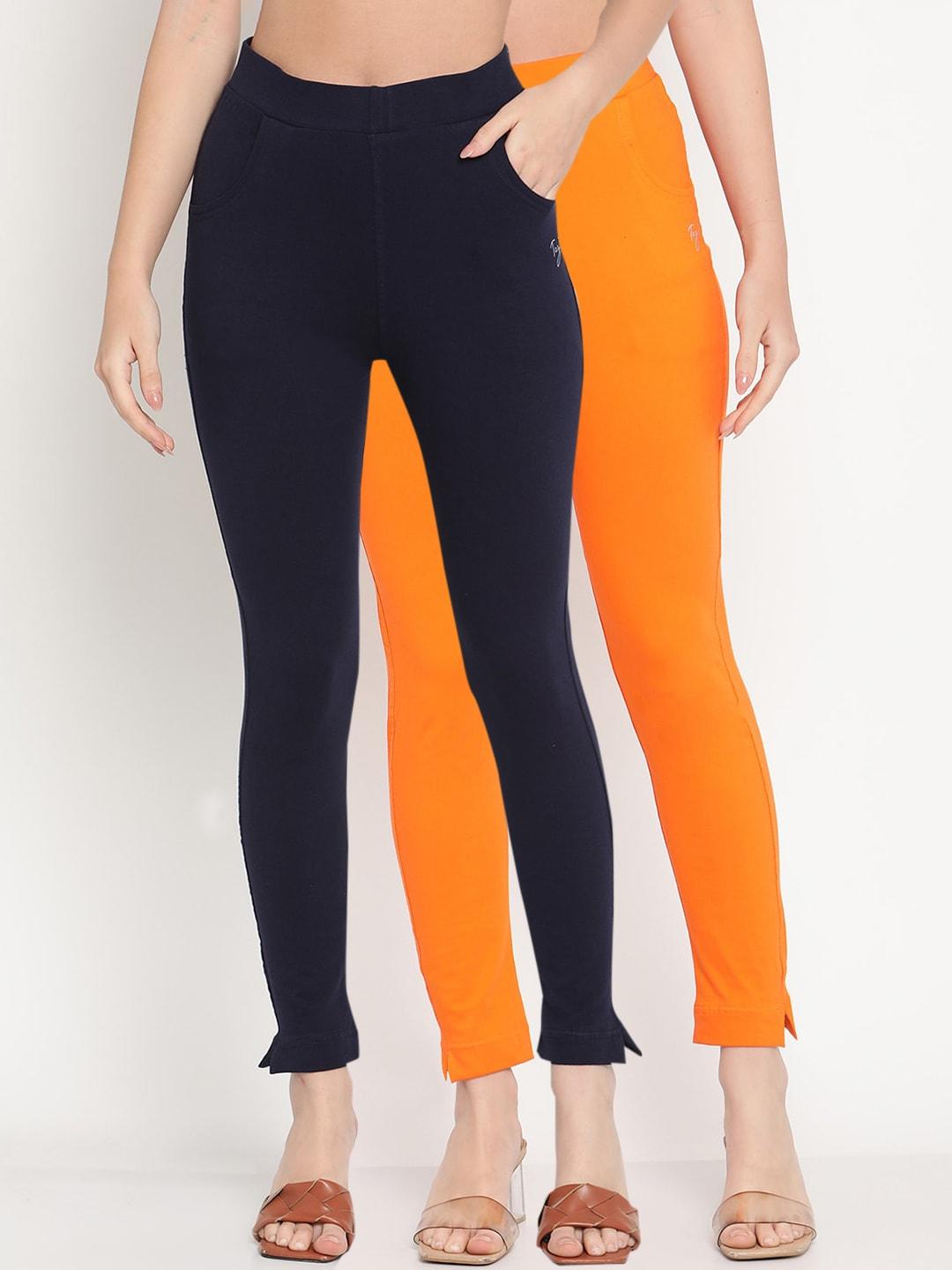 tag-7-women-pack-of-2-navy-blue-&-orange-solid-kurti-pants
