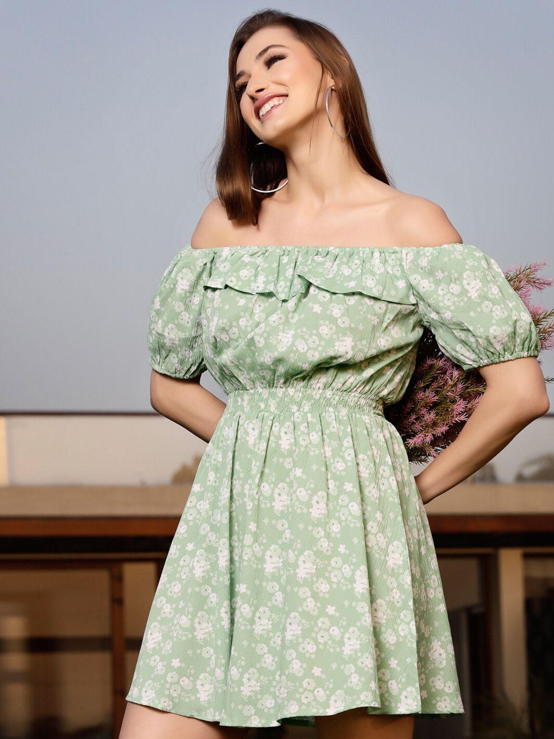 Sera Women Green & White Floral Printed Off-Shoulder Dress