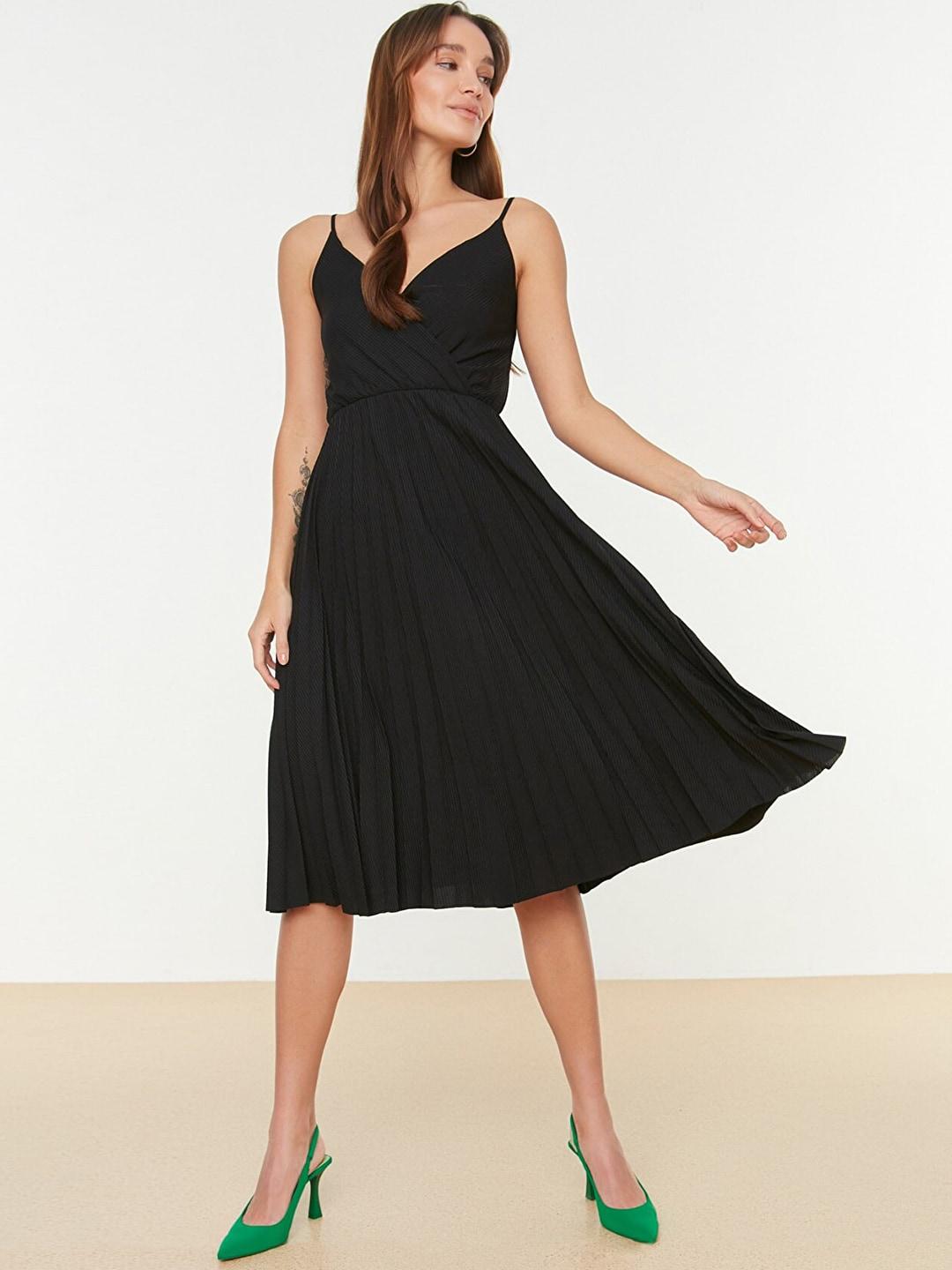 Trendyol Black Self-Striped Midi Wrap Dress