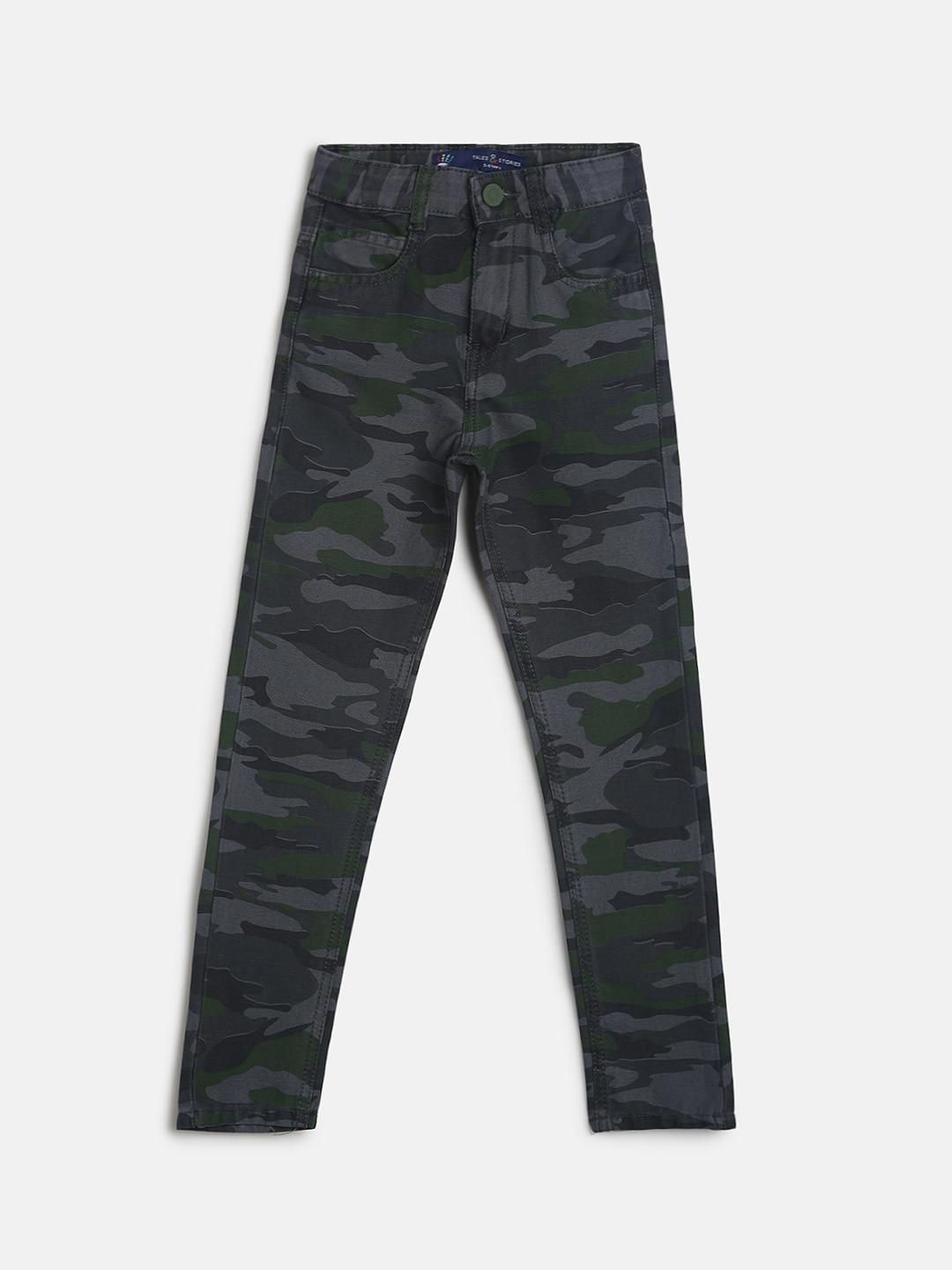TALES & STORIES Boys Grey Lycra Camouflage Printed Slim Fit Trouser