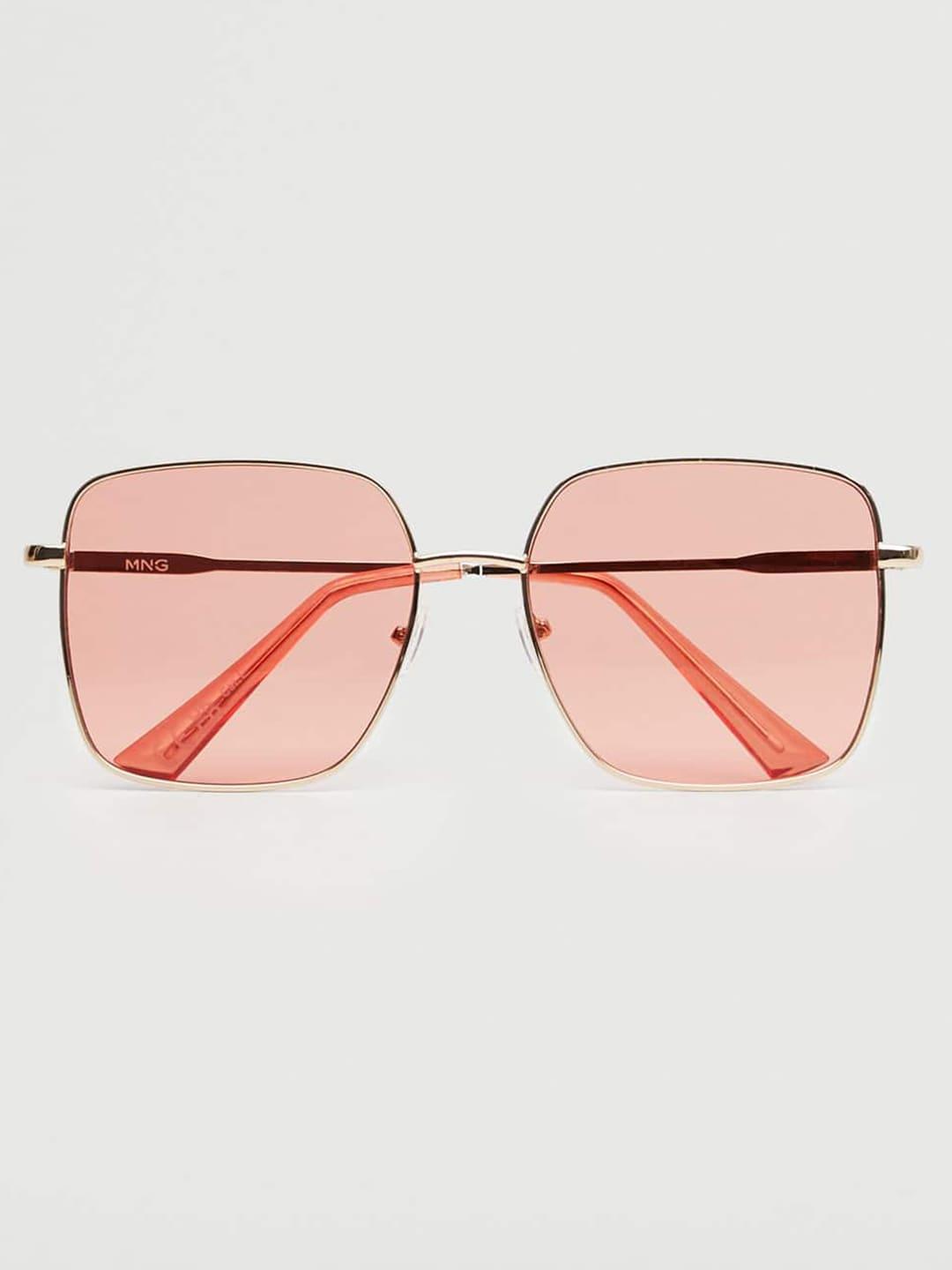 MANGO Women Pink Lens & Gold-Toned Rectangle Sunglasses with UV Protected Lens
