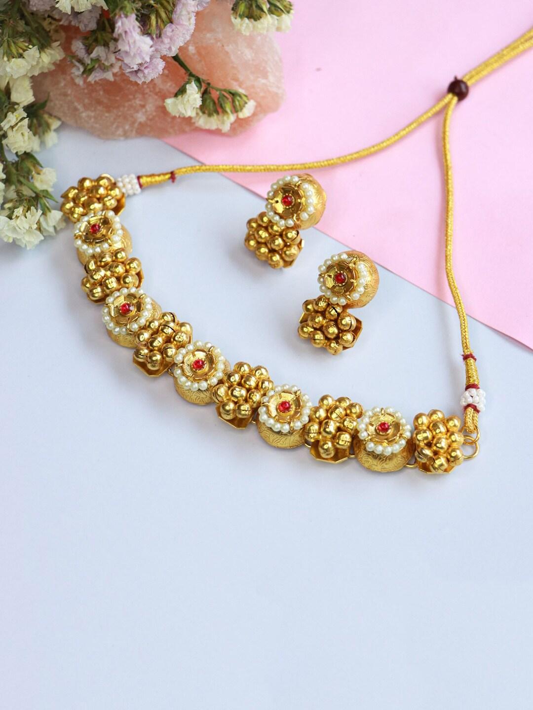 I Jewels Gold-Plated Off-White Beaded Jewellery Set
