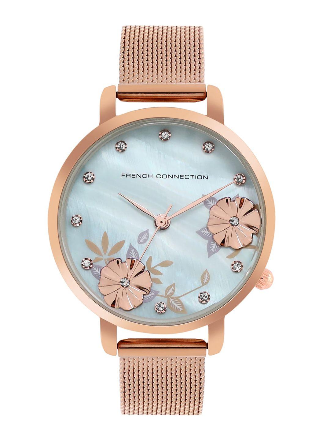 french-connection-women-blue-embellished-dial-&-rose-gold-toned-stainless-steel-bracelet-style-straps-watch