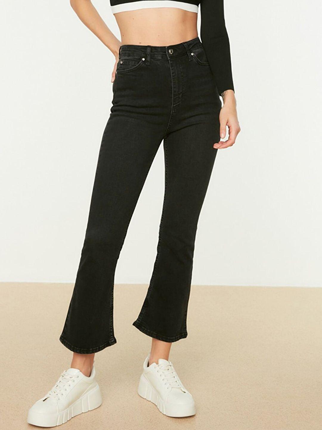 trendyol-women-black-high-waist-flared-cropped-stretchable-jeans
