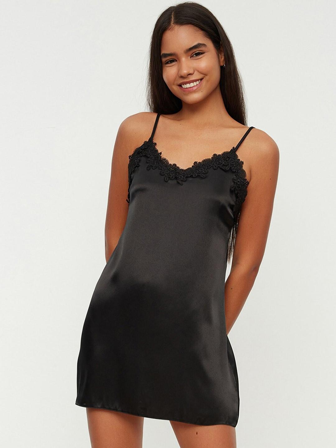 Trendyol Black Solid Floral Lace Detail Nightdress