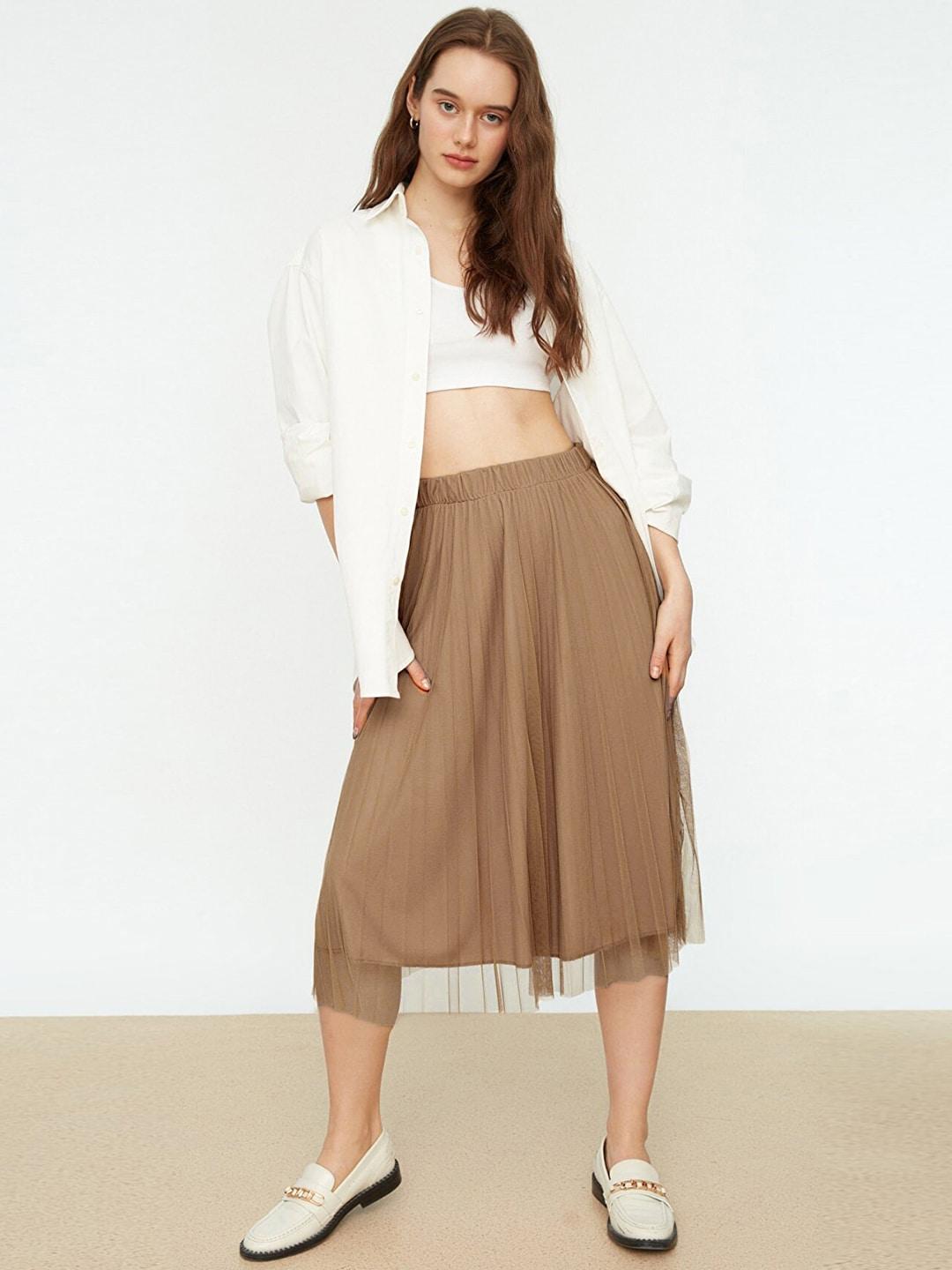 trendyol-women-brown-solid-a-line-skirt