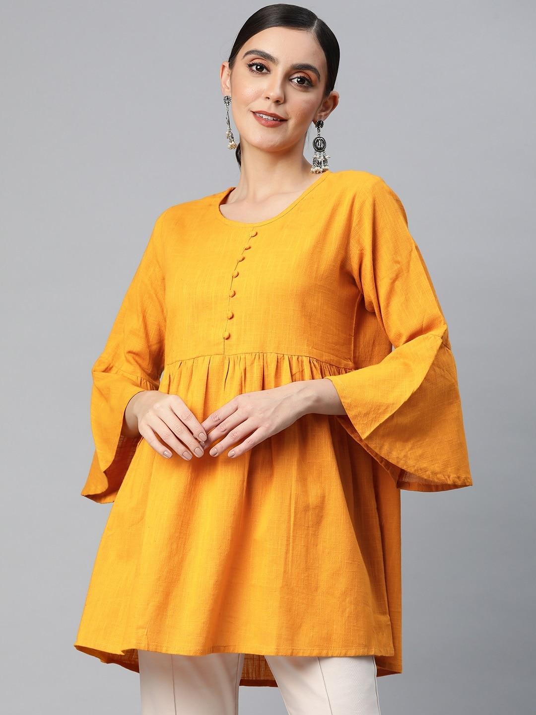 SVARCHI Mustard Yellow Pure Cotton Solid A-Line Top