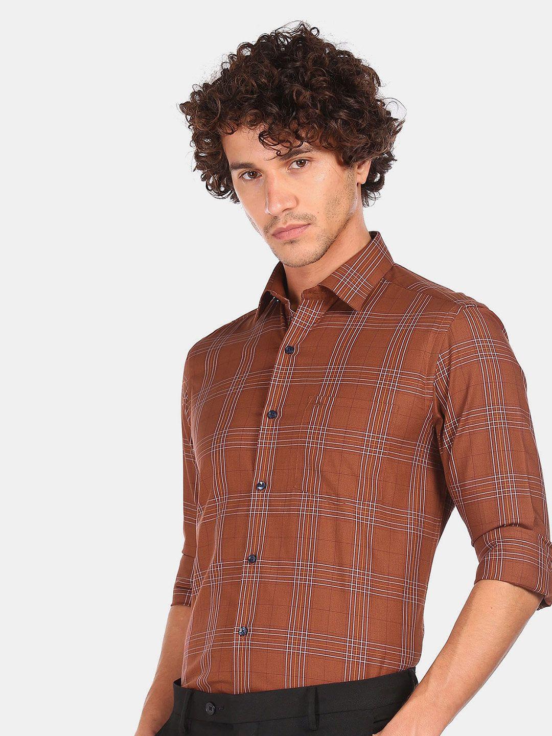 arrow-men-brown-slim-fit-checked-cotton-casual-shirt