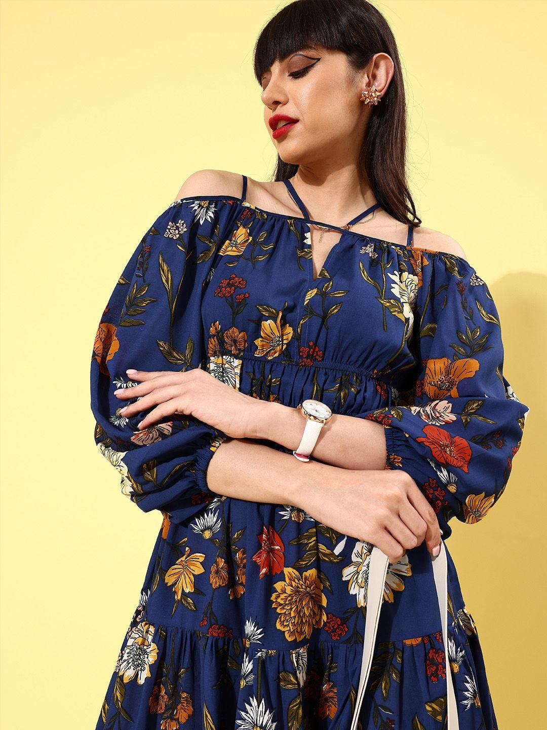 KASSUALLY Women Blue & Mustard Yellow Floral Printed Off-Shoulder A-Line Tiered Dress