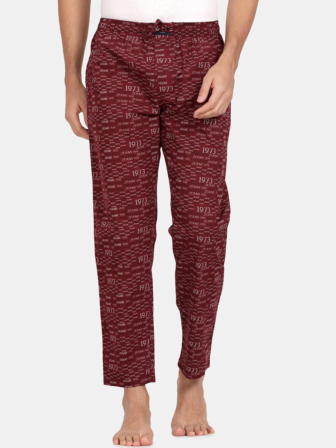 Pepe Jeans Men Maroon Typography Pure Cotton Lounge Pants