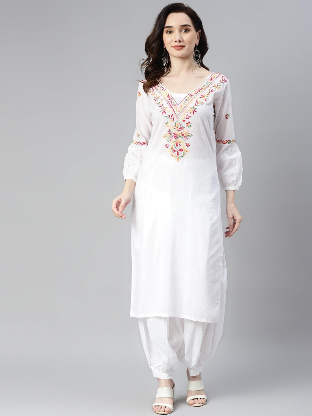 SHADES Women White Pure Cotton Ethnic Motifs Embroidered Chikankari Kurta with Salwar