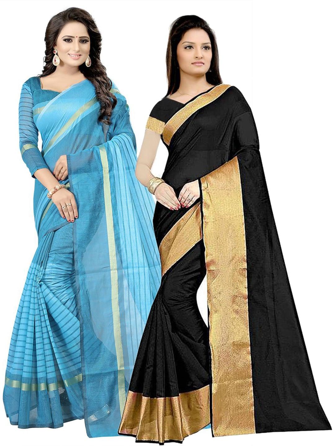 SAADHVI Pack of 2 Black & Turquoise Blue Striped Zari Silk Cotton Sarees