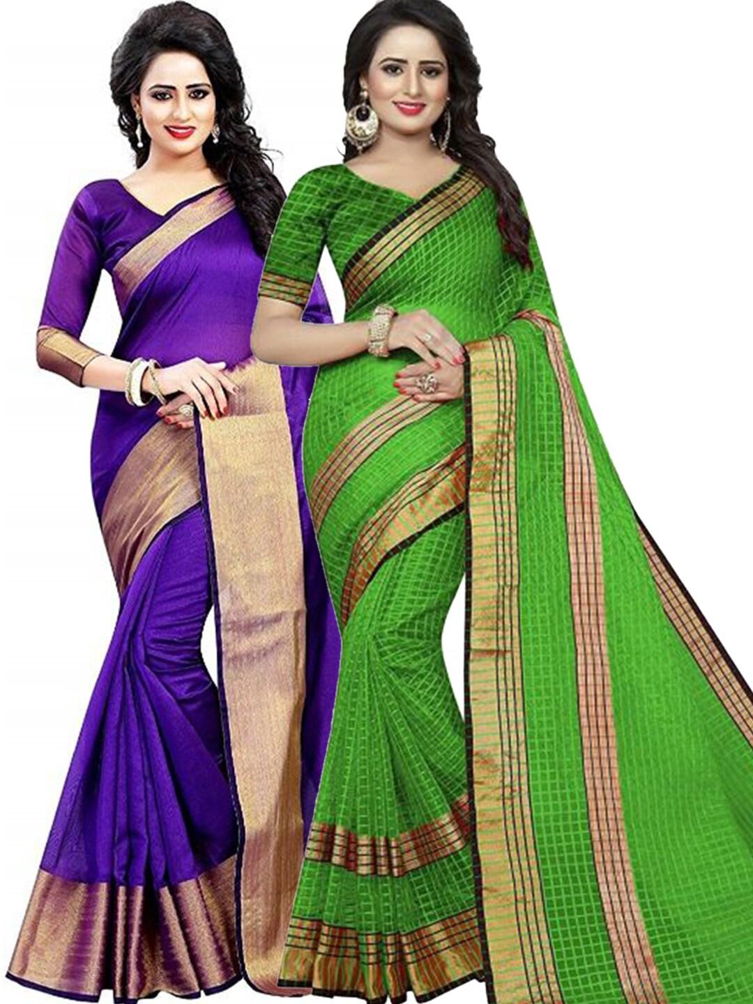 saadhvi-purple-&-olive-green-checked-silk-cotton-saree-pack-of-2