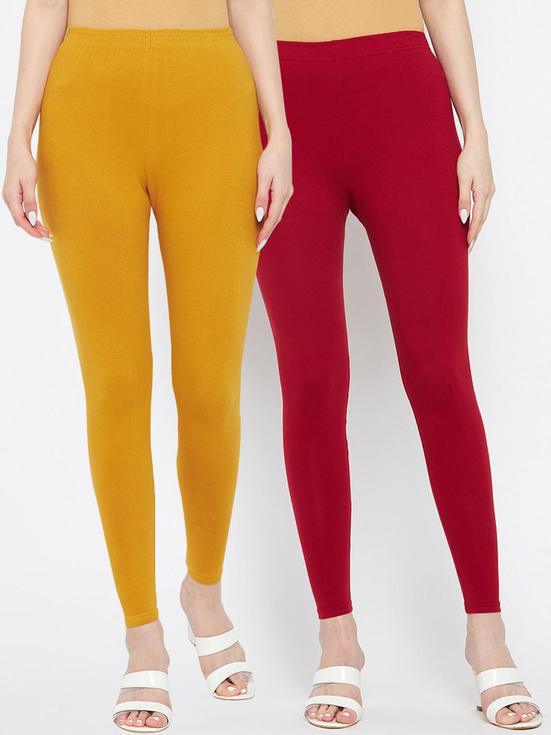 clora-creation-women-pack-of-2-maroon-&-mustard-solid-ankle-length-leggings
