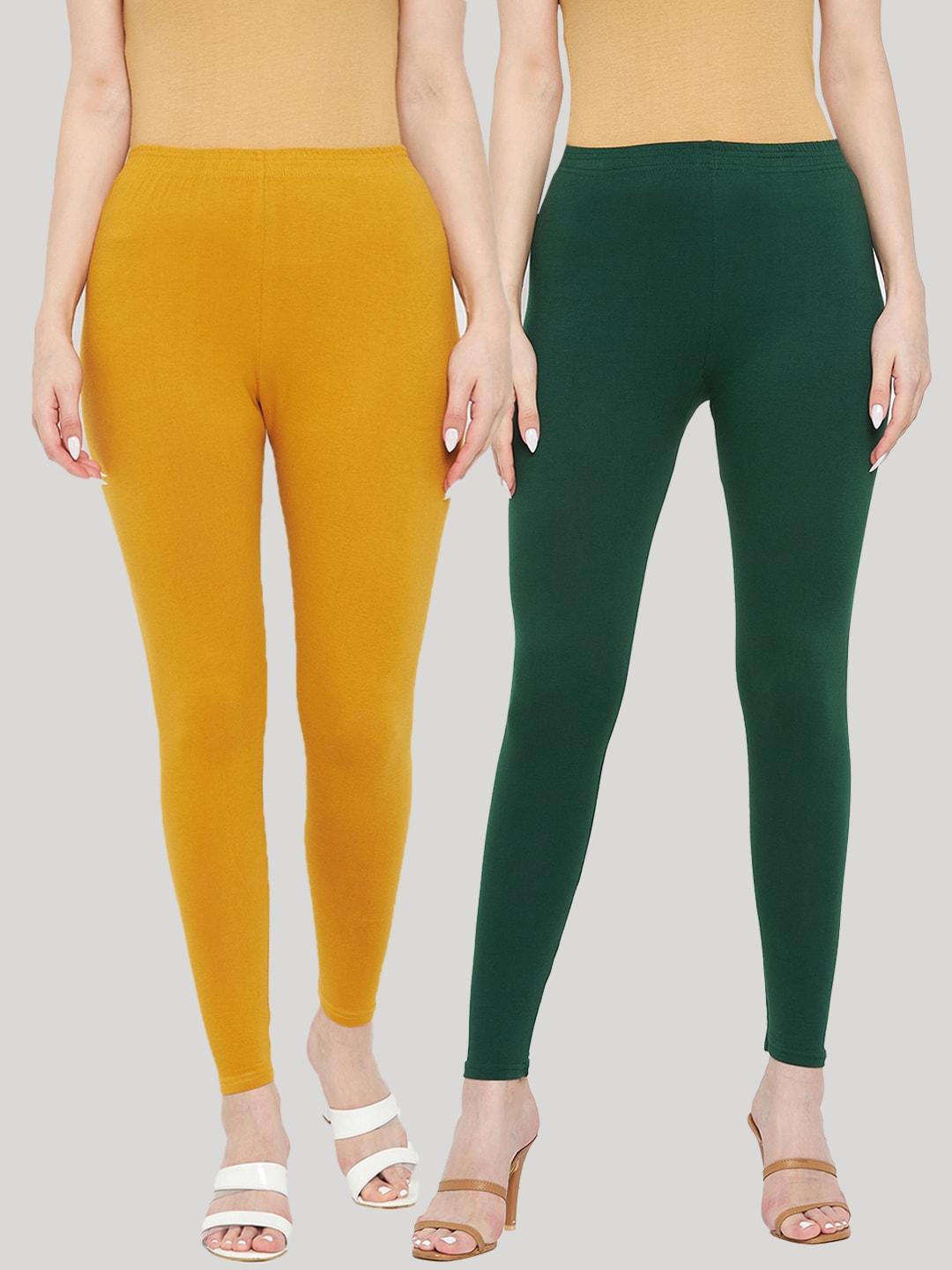clora-creation-women-pack-of-2-bottle-green-&-mustard-solid-ankle-length-cotton-leggings