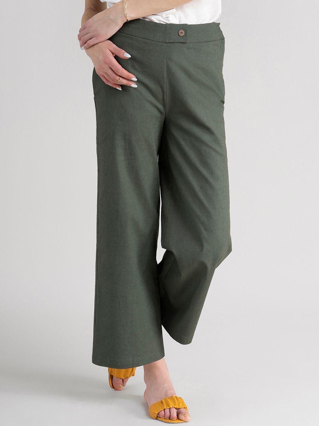 FableStreet Women Olive Green Comfort Flared Trousers