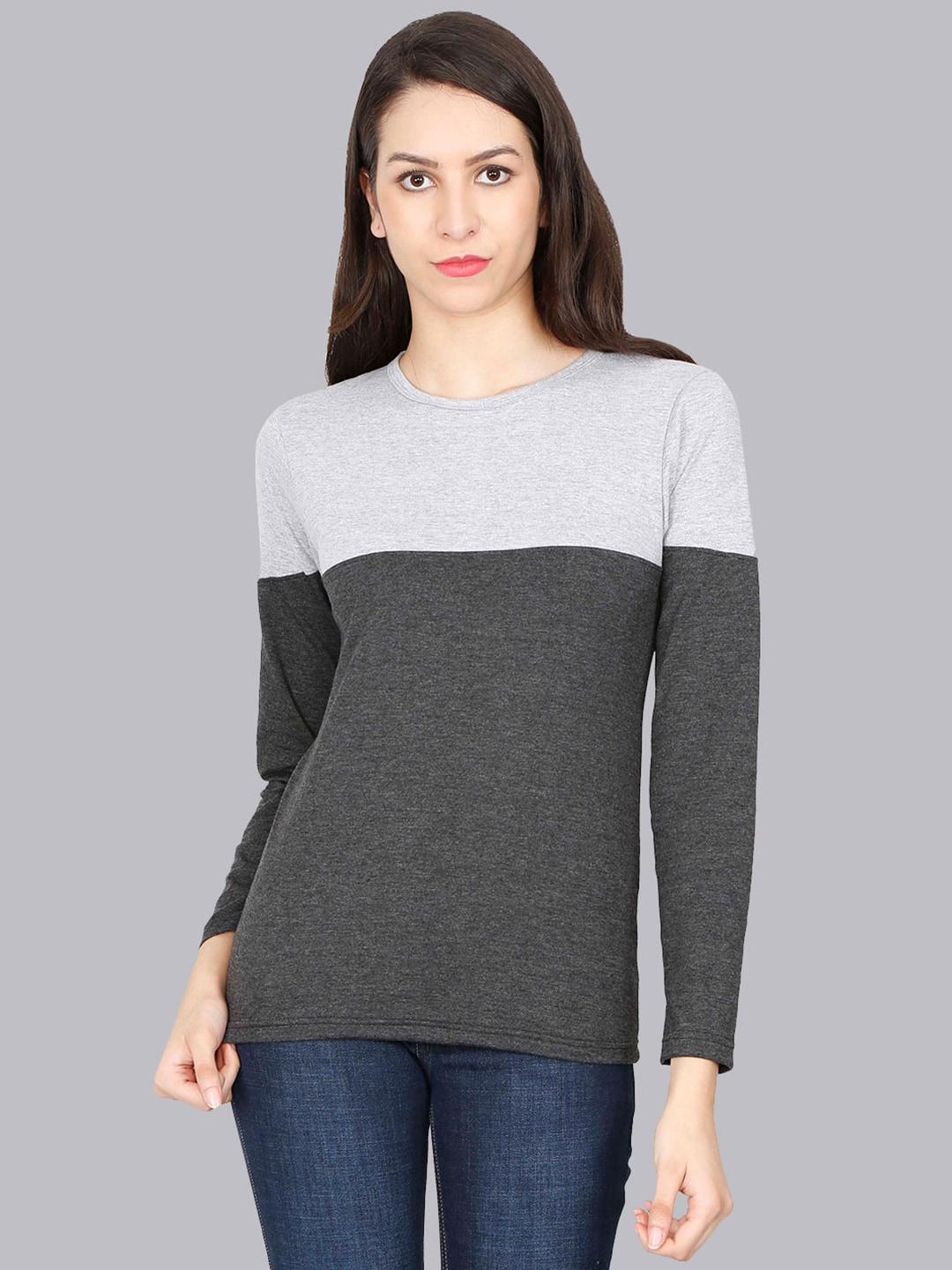 Fleximaa Women Grey & Charcoal Colourblocked Cotton T-shirt
