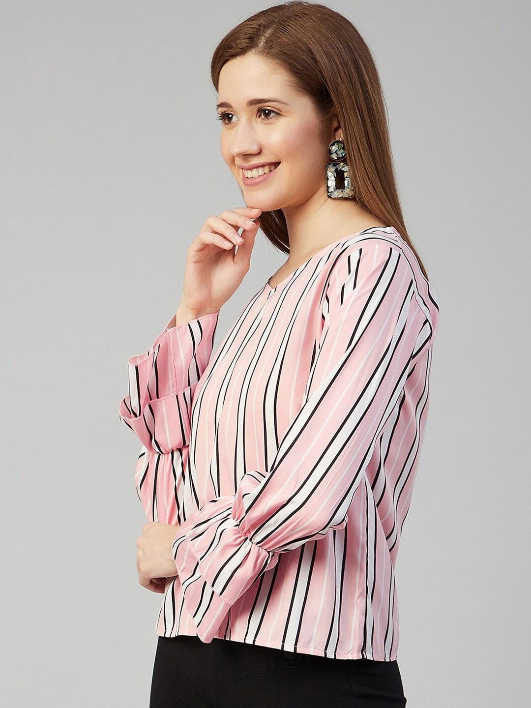 chimpaaanzee-pink-&-white-striped-v-neck-bell-sleeves-regular-top