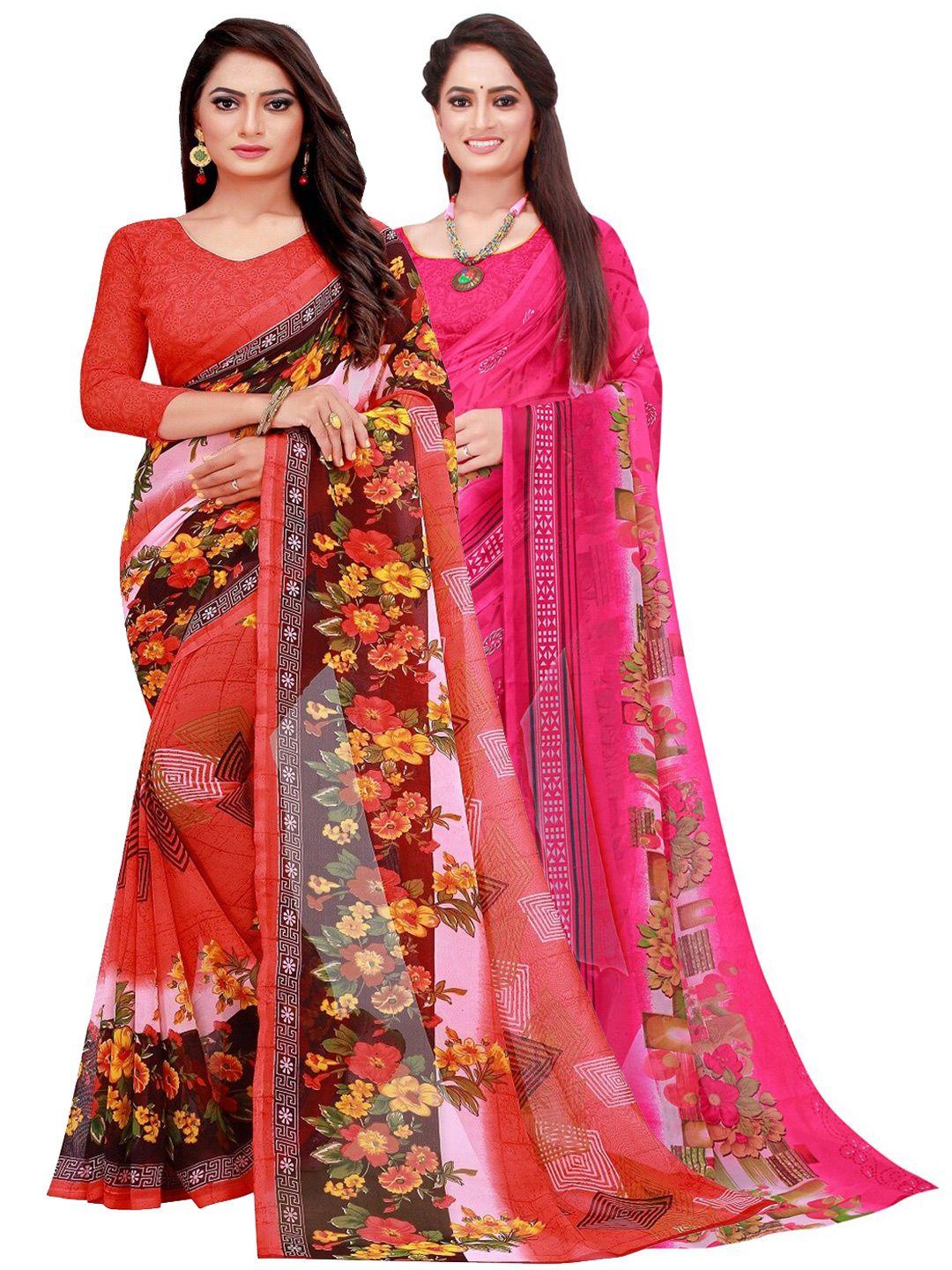 Florence Pack of 2 Pink & Red Pure Georgette Saree