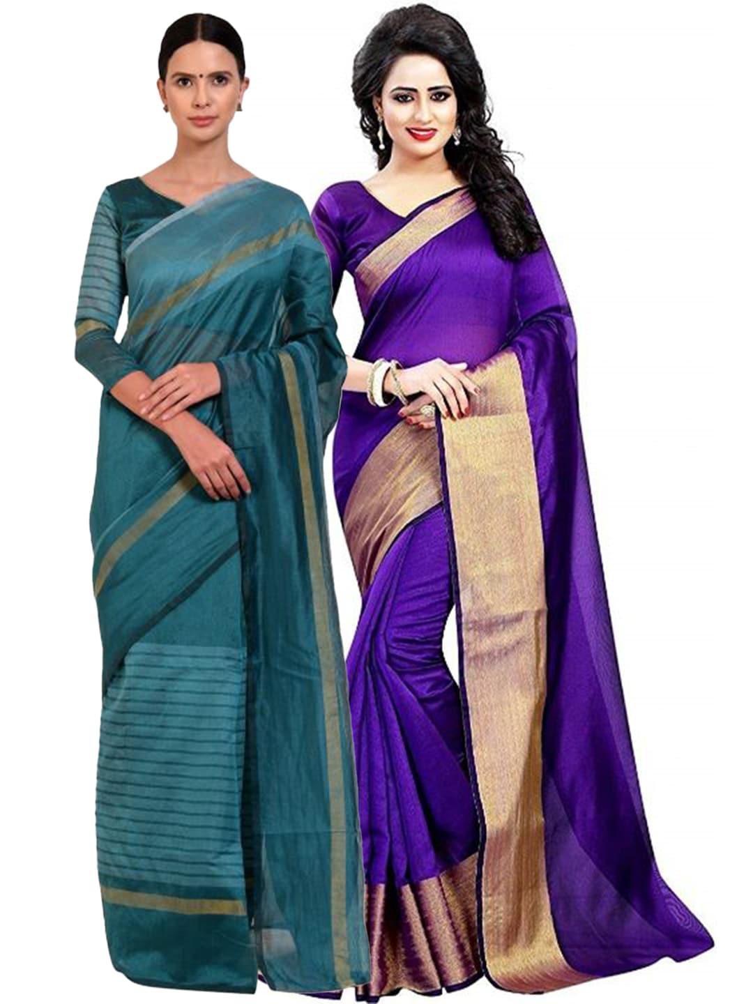 saadhvi-pack-of-2--purple-&-teal-green-striped-zari-silk-cotton-saree