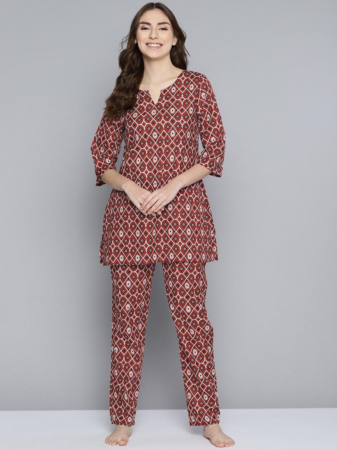 HERE&NOW Women Maroon & White Printed Night suit