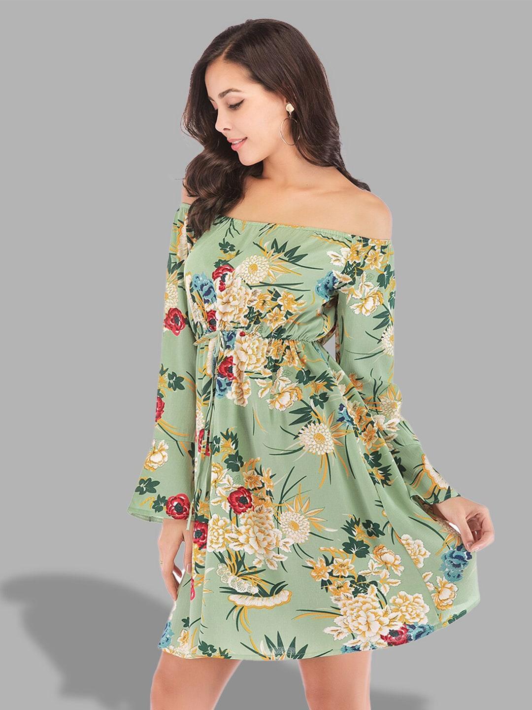 jc-collection-women-green-floral-printed-off-shoulder-empire-dress
